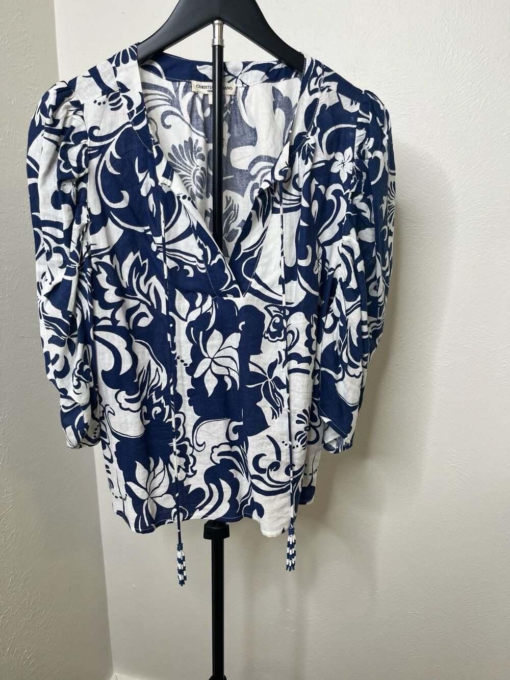 Christian Siriano New York Blue White Floral Puff Sleeve Tie Neck Blouse Romanti
